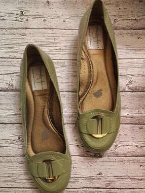 Vaneli Olive Green Loafers with Gold-Tone Buckle